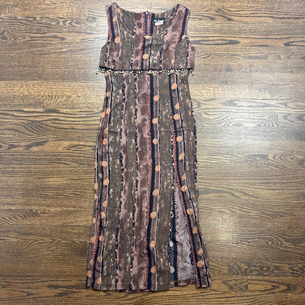 Be Smart Vintage Beaded Fringe Maxi Dress Womens 7/8 Abstract Earth Tone Brown